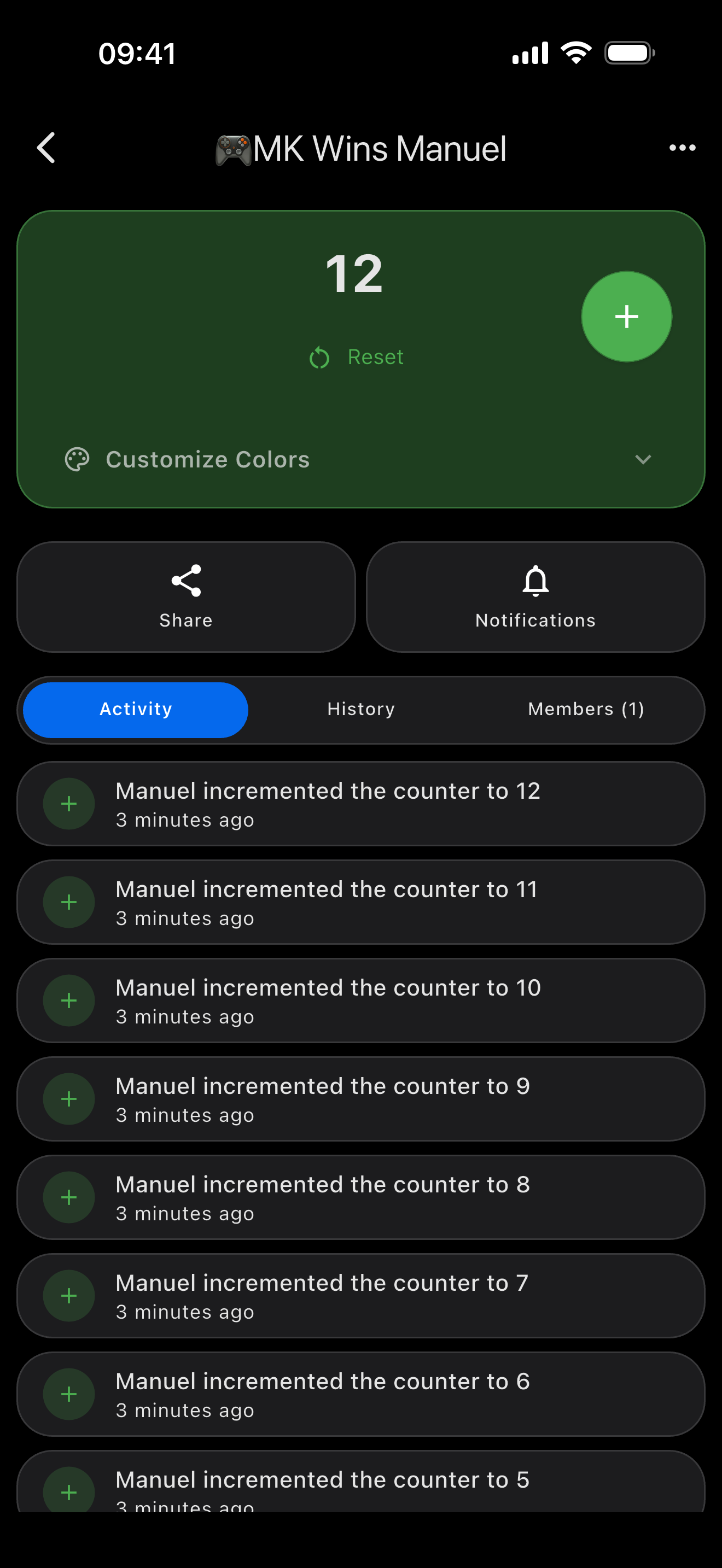 CountTogether app screenshot – Activity log
